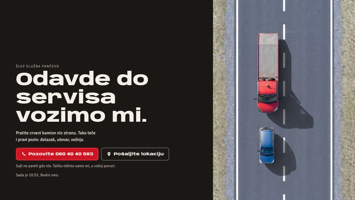Predlog za Šlep službu Peđa: krupan naslov, drum odozgo, crveni šleper prilazi plavom autu.